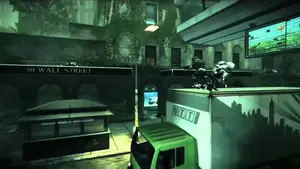 An urban scene featuring a green-toned environment with vehicles and buildings.