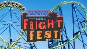 Voice Over: Radio, Streaming, &Amp; Podcast Commercials | D.c. Douglas Promotional image for Six Flags Fright Fest featuring a roller coaster and event logo.