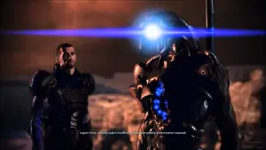 Two characters in futuristic armor, one with a blue light on their helmet, in a sci-fi setting.