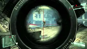 View through a sniper scope targeting a character in a video game environment.