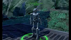 A silver robot character standing on a platform in a video game environment.