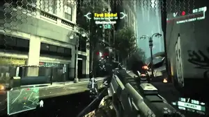 Screenshot from a first-person shooter game showing a player aiming a weapon in an urban environment.