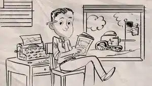 Cartoon of a man sitting on a chair reading a newspaper with a typewriter on a desk.