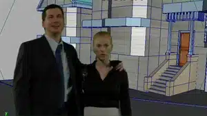 Man in a suit and woman in a black top posing together in front of a building illustration.