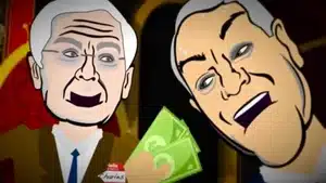 Two cartoon characters with exaggerated features holding dollar bills in a playful manner.