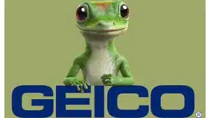 Voice Over: Radio, Streaming, &Amp; Podcast Commercials | D.c. Douglas A green gecko mascot with large eyes and a friendly expression, positioned in front of the Geico logo.