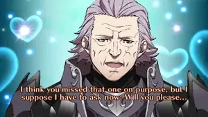 Portrait of a character with gray hair and a serious expression, featuring a text overlay.