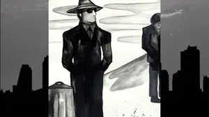Black and white illustration featuring two figures in suits, one wearing sunglasses and a hat.