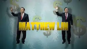 Two images of a man in a suit waving, with dollar signs in the background.