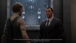 Two characters, one in a suit and the other in casual attire, having a discussion.