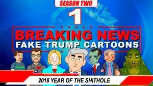 Animated characters from the series Breaking News Fake Trump Cartoons, featuring various exaggerated figures.