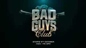 Promotional graphic for Bad Guys Club featuring text and imagery of guns and roses.