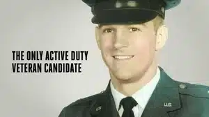 Portrait of a smiling U.S. Army soldier in uniform with a cap, featuring text about veteran candidacy.