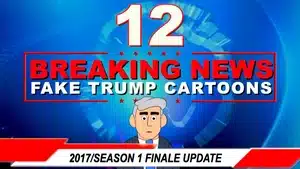 Animated graphic with text '12 Breaking News Fake Trump Cartoons' and a cartoon character with gray hair.