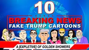 Cartoon characters representing various personas in a news-themed illustration with bold text.