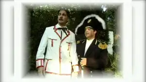 Two men dressed in historical costumes, one in a white suit and the other in a military-style outfit with a hat.