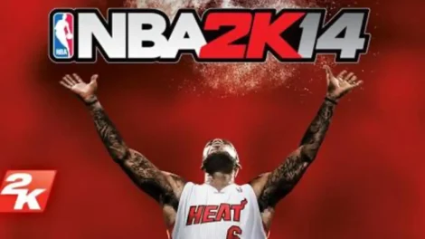 Cover art for the NBA 2K14 video game featuring a player in a white jersey with tattoos and raised arms against a red background.