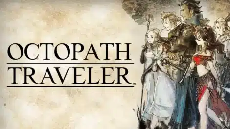 Illustration of characters from the game Octopath Traveler on a textured background.