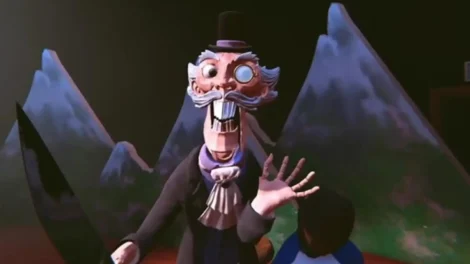 A stylized animated puppet character wearing a top hat and suit, with exaggerated facial features and a hand raised.