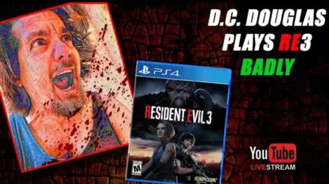 D.c. Live Streams Games Badly During The Pandemic | D.c. Douglas Image featuring the Resident Evil 3 game cover alongside a portrait of D.C. Douglas with a distressed expression.