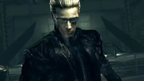 A character wearing sunglasses and dark clothing, with slicked-back blonde hair, in a dimly lit environment.