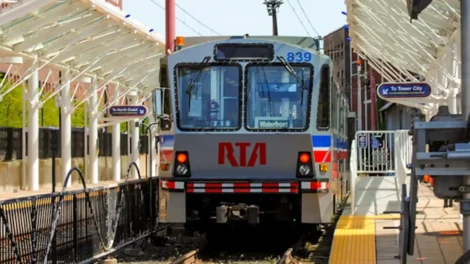 RTA light rail train number 839 arriving at a station with signage for Tower City.