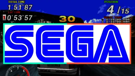 SEGA logo displayed prominently in front of a racing video game background.