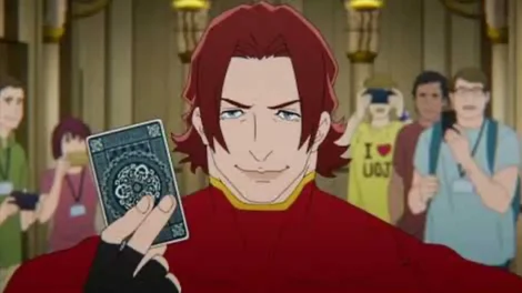 Animated character with red hair and a red outfit holding a playing card in a crowded setting.