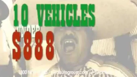 Graphic displaying text '10 Vehicles' and '$888' with a man in a sombrero in the background.
