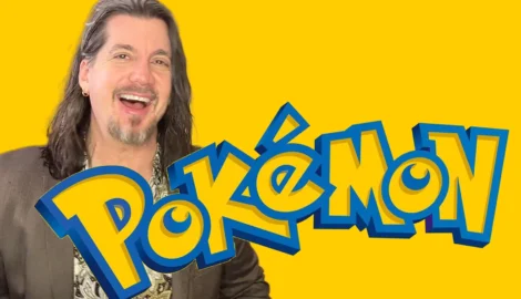 Lysandre character from Pokémon with a yellow background and the Pokémon logo.