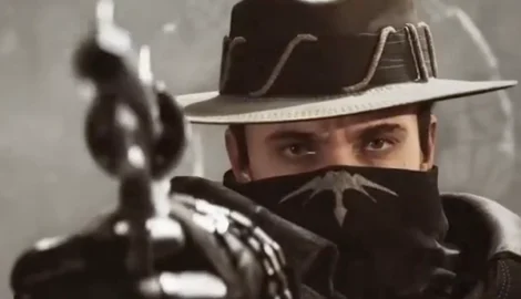 A character wearing a hat and scarf, aiming a revolver directly at the viewer.